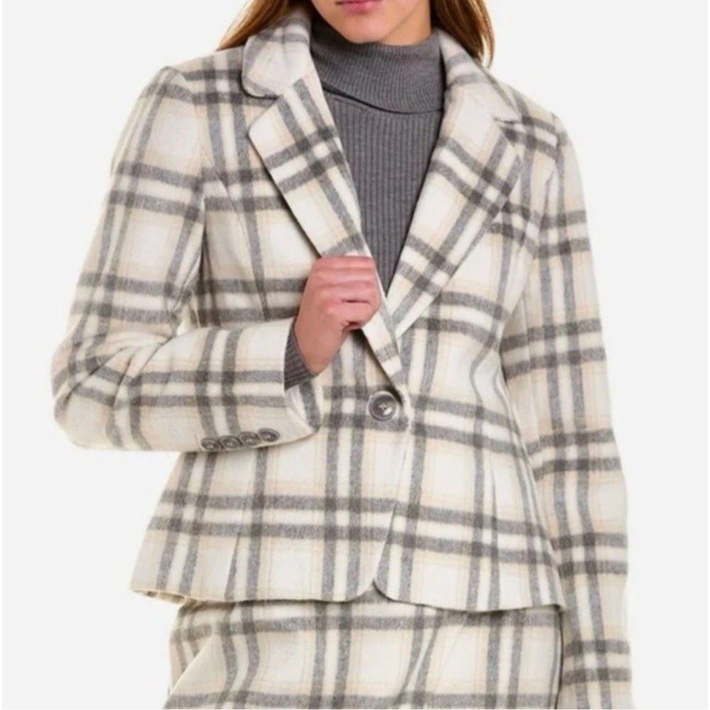 BAGATELLE COLLECTION Women's Plaid Blazer Jacket Cream Gray Size M Single Button